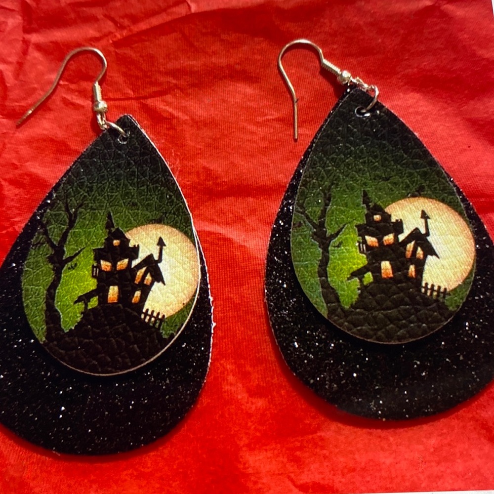Haunted house  Large teardrop earrings. New